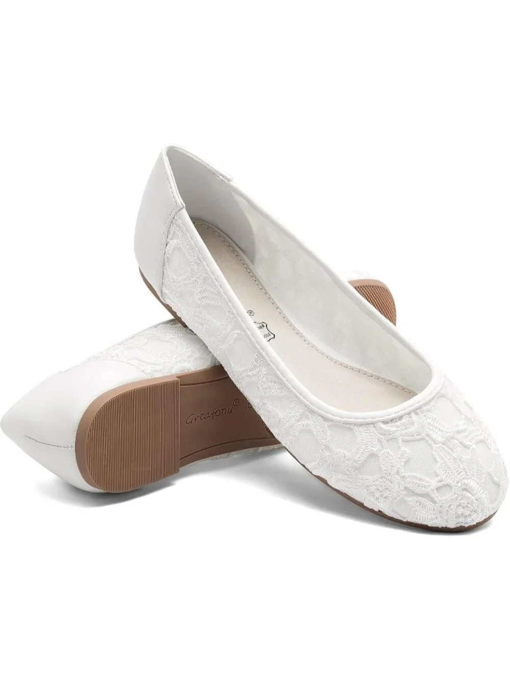 Women's White Lining Lace Ballerina Flats Round Toe Slip on Casual Floral Shoes